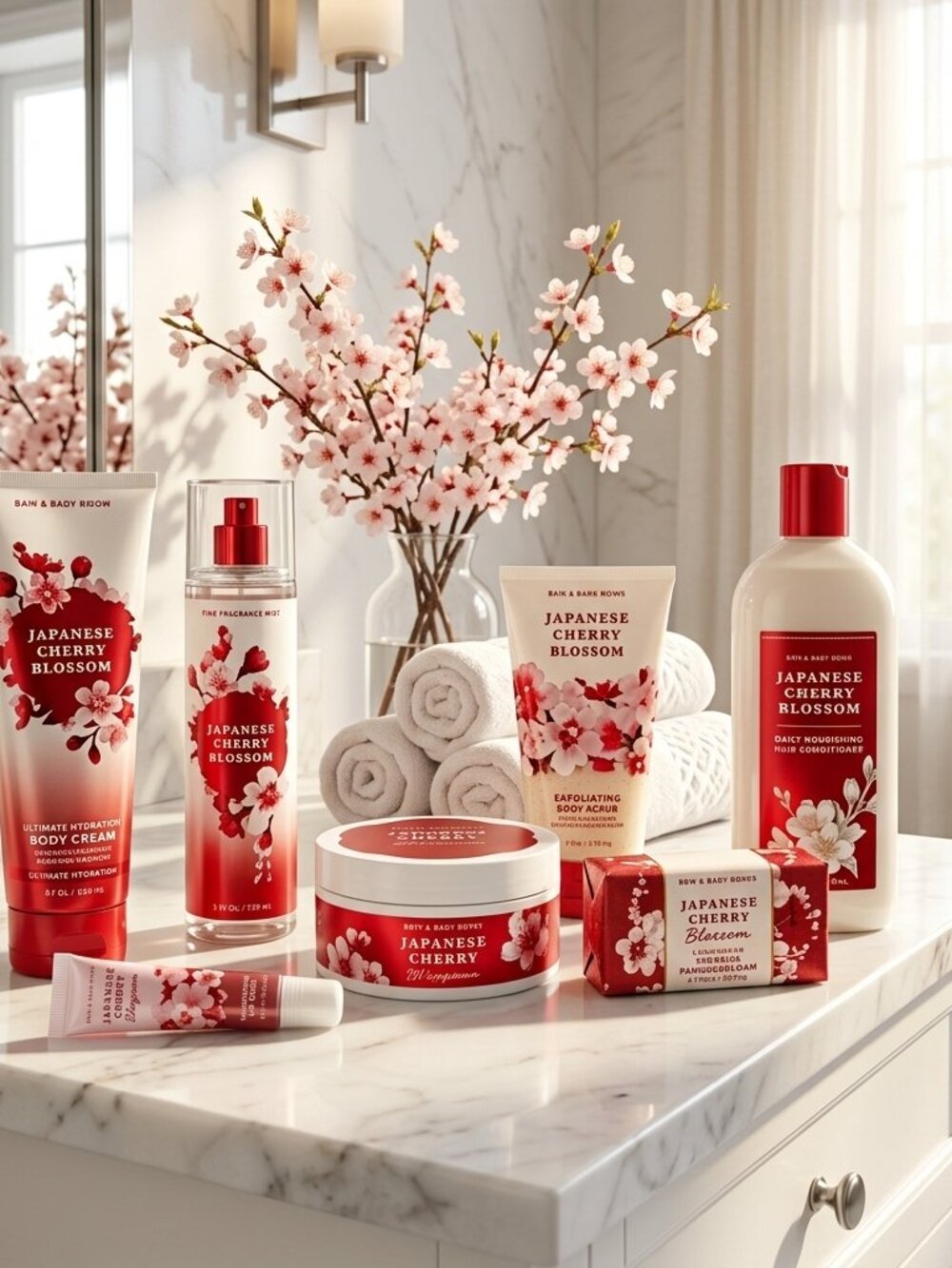 NWT Bath & Body Works JAPANESE CHERRY BLOSSOM 7-Pc Set Mist Cream Soap Lotion